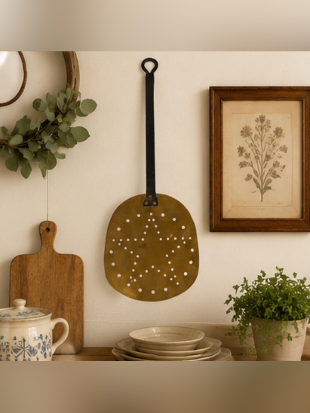Vintage Brass Skimmer Strainer | Rustic Farmhouse Kitchen Wall Decor | Primitive
